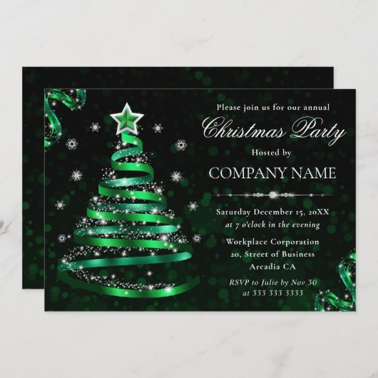 緑と銀エレガントの輝くクリスマスツリー 招待状 (正面/裏面)