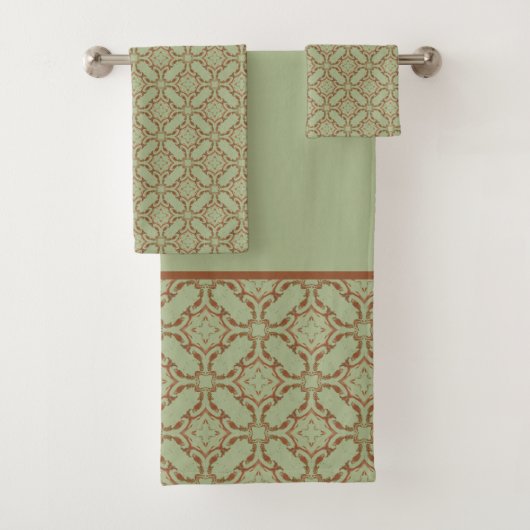 緑と銅のオレンジ色のスクロールタイル模様 バスタオルセット (インサイチュ)