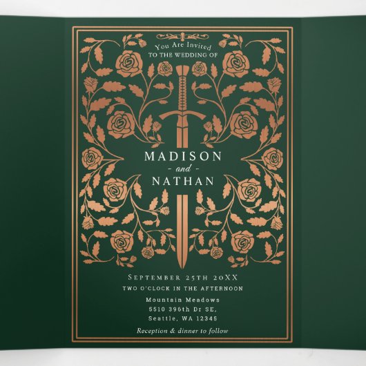 緑と銅王室の中世結婚剣 三つ折り招待状 (内部中)