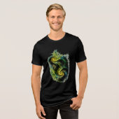 緑と青と黄色の鮮やかなフラクタルアート トライブレンドTシャツ (正面全面)
