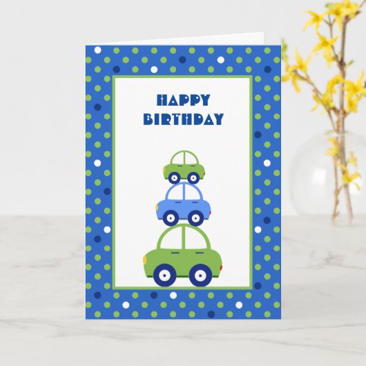 緑と青のカー子供の誕生日カード カード (黄色い花)