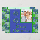 緑と青のキルテッドクリスマスフォトカード シーズンカード (正面/裏面)