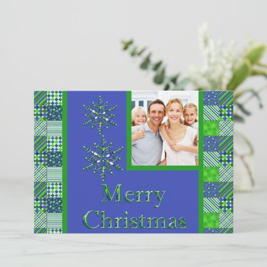 緑と青のキルテッドクリスマスフォトカード シーズンカード (スタンド正面)