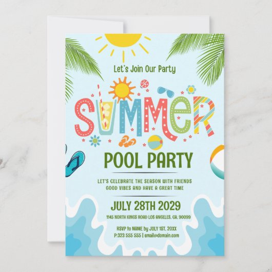 緑と青のサマーよくはしゃぐプールパーティー招待状 招待状 (正面)