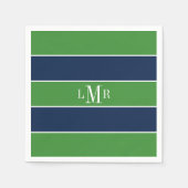 緑と青のストライプとモノグラム スタンダードカクテルナプキン (正面)