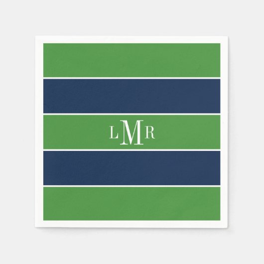 緑と青のストライプとモノグラム スタンダードカクテルナプキン (正面)