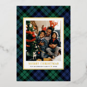 緑と青のタータンチェック格子模様クリスマスフォト金ゴールド 箔シーズンカード (正面)