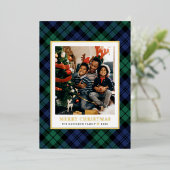 緑と青のタータンチェック格子模様クリスマスフォト金ゴールド 箔シーズンカード (立ち正面)