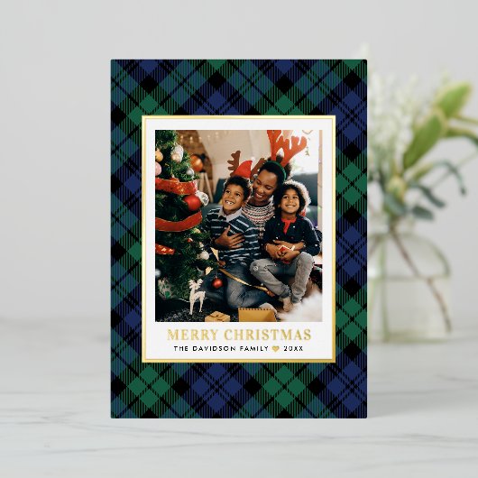 緑と青のタータンチェック格子模様クリスマスフォト金ゴールド 箔シーズンカード (立ち正面)