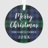 緑と青のタータンチェック格子状カスタムの家族写真 オーナメント (裏面)