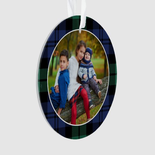 緑と青のタータンチェック格子状カスタムの家族写真 オーナメント (正面)