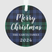 緑と青のタータンチェック格子状カスタムの家族写真 オーナメント (裏面)