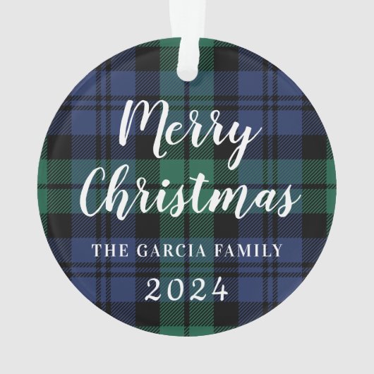 緑と青のタータンチェック格子状カスタムの家族写真 オーナメント (裏面)