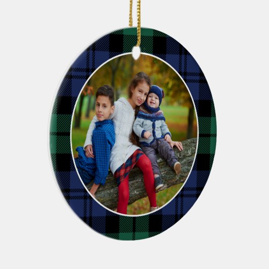 緑と青のタータンチェック格子状カスタムの家族写真 セラミックオーナメント (右)