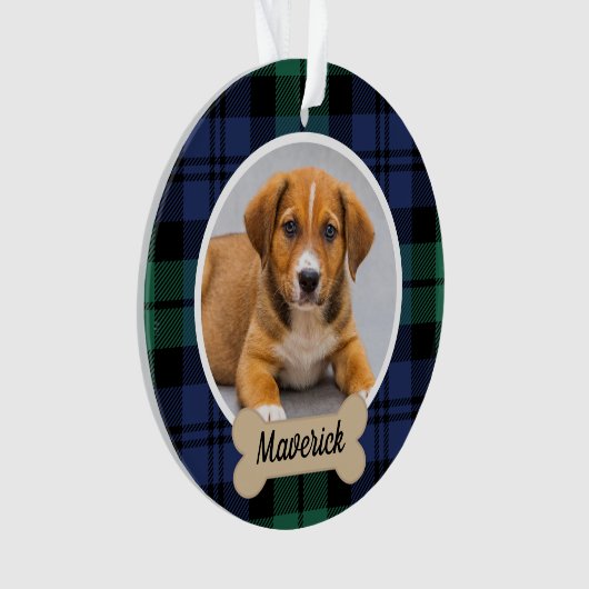 緑と青のタータンチェック格子状カスタムの犬の写真 オーナメント (正面)