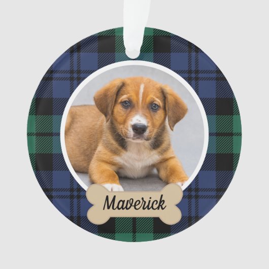 緑と青のタータンチェック格子状カスタムの犬の写真 オーナメント (正面)