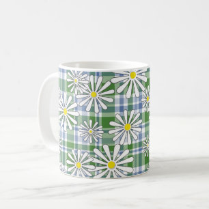 緑と青のチェック柄の白いカモミールの花 コーヒーマグカップ