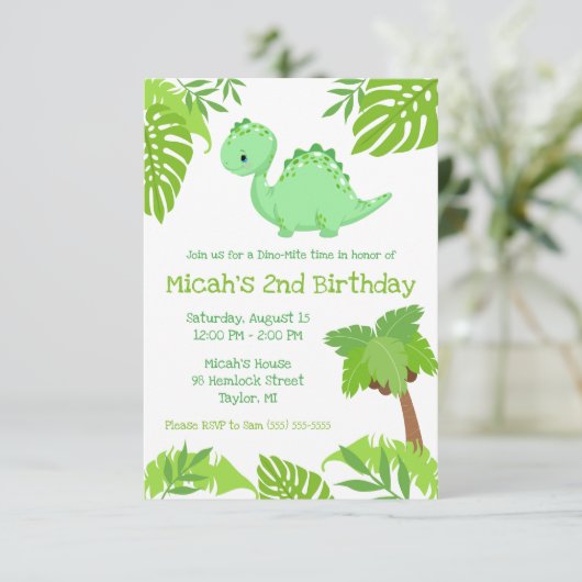 緑と青のディノマイトタイムバースデーパーティー 招待状 (スタンド正面)