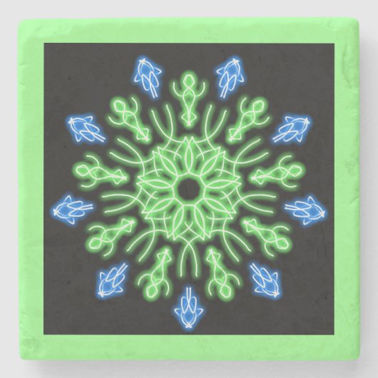 緑と青のネオンの花 ストーンコースター (正面)