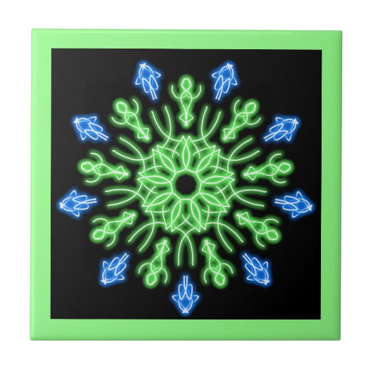 緑と青のネオンの花 タイル (正面)