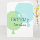緑と青のバルーンハッピーバースデーのパーソナライズ カード (黄色い花)