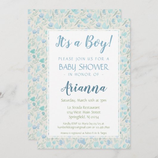 緑と青のフローラ男の赤ちゃんシャワー 招待状 (正面/裏面)