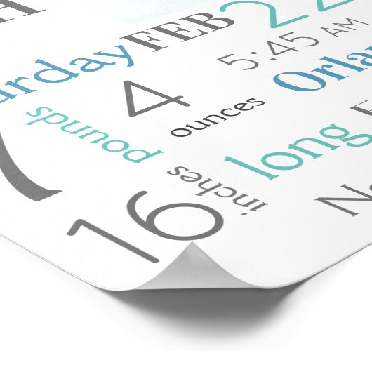 緑と青のベビー誕生統計サインと写真 ポスター (角)