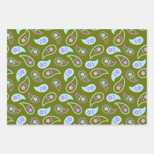 緑と青のペイズリーの花柄 ラッピングペーパーシート (正面2)