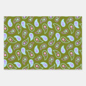 緑と青のペイズリーの花柄 ラッピングペーパーシート (正面)