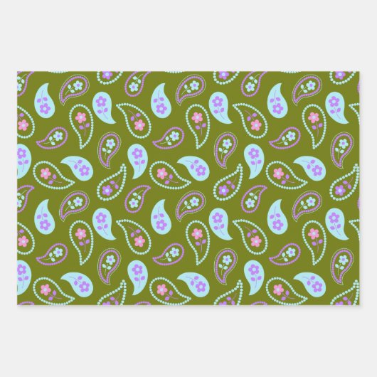 緑と青のペイズリーの花柄 ラッピングペーパーシート (正面)