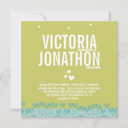 緑と青のモダンハートタイポグラフィ結婚 招待状 (正面)