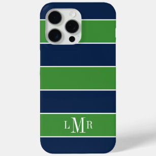 緑と青のラグビーストライプズ3文字モノグラム iPhone 15 PRO MAXケース