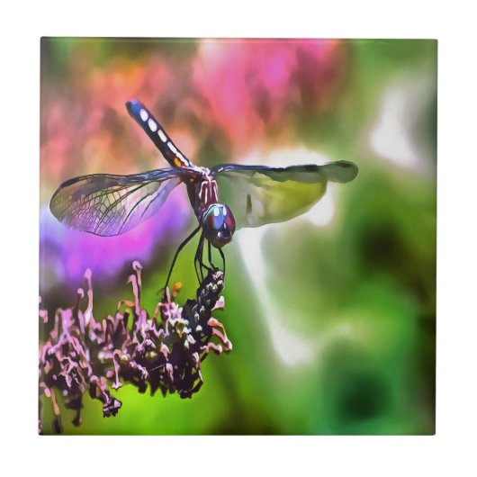 緑と青のリアリスティックのトンボ絵画イ タイル (正面)