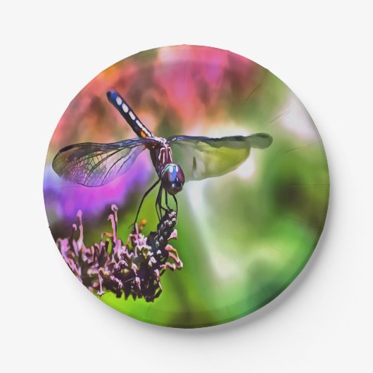 緑と青のリアリスティックのトンボ絵画イ ペーパープレート (正面)