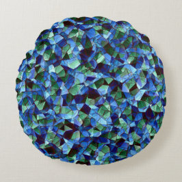 緑と青の不規則なモザイクが重ねられた乱雑な ラウンドクッション