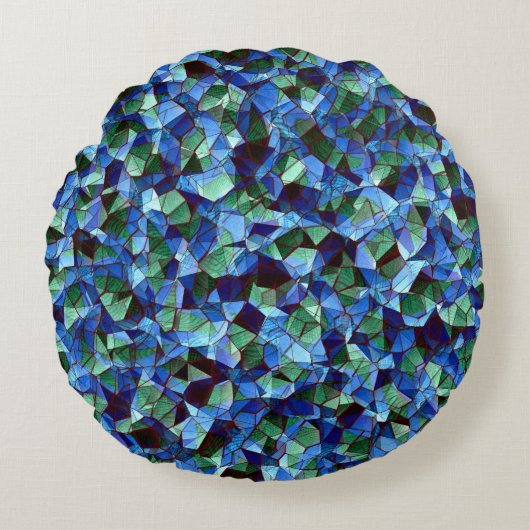 緑と青の不規則なモザイクが重ねられた乱雑な ラウンドクッション (正面)
