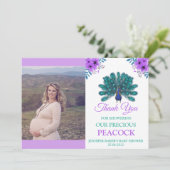 緑と青の孔雀 |紫色の水色の花 サンキューカード (スタンド正面)