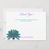 緑と青の孔雀 |紫色の水色の花 サンキューカード (裏面)