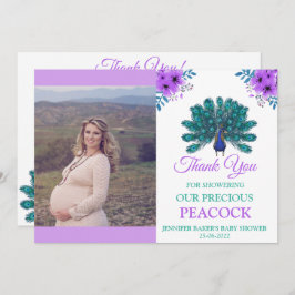 緑と青の孔雀 |紫色の水色の花 サンキューカード