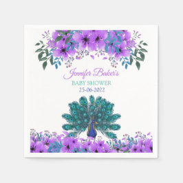 緑と青の孔雀 |紫色の水色の花 スタンダードカクテルナプキン