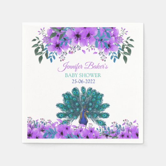 緑と青の孔雀 |紫色の水色の花 スタンダードカクテルナプキン (正面)