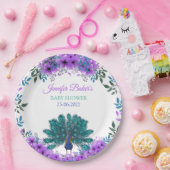 緑と青の孔雀 |紫色の水色の花 ペーパープレート (パーティー)