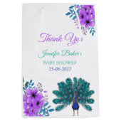 緑と青の孔雀 |紫色の水色の花 ミディアムペーパーバッグ (正面)