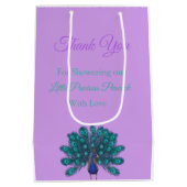 緑と青の孔雀 |紫色の水色の花 ミディアムペーパーバッグ (裏面)