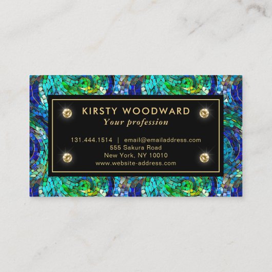 緑と青の宝石トーンのモザイクガラスパターン 名刺 (裏面)