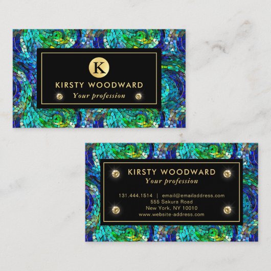緑と青の宝石トーンのモザイクガラスパターン 名刺 (正面/裏面)