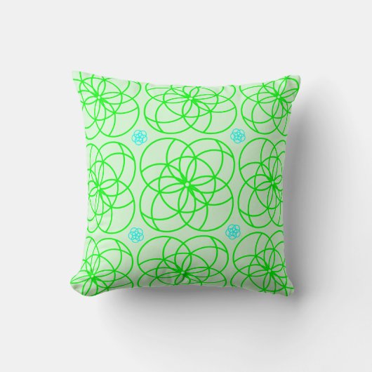 緑と青の幾何学的な花の付いた緑の枕 クッション (正面)