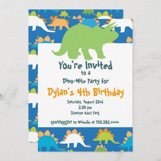 緑と青の恐竜のバースデーパーティ招待状 招待状 (正面/裏面)