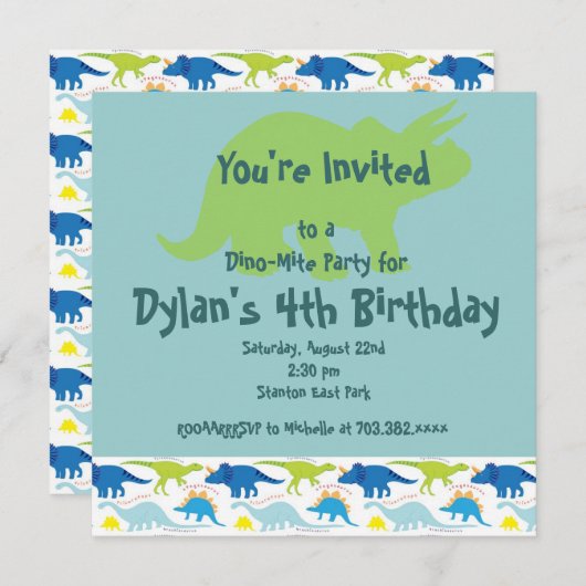 緑と青の恐竜バースデーパーティ招待状 招待状 (正面/裏面)