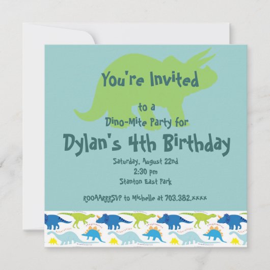 緑と青の恐竜バースデーパーティ招待状 招待状 (正面)